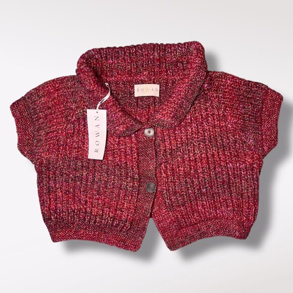 Cropped Chunky Knit Cardigan NWT Rowan Purelife Marled Red Short Sleeve S M - Picture 9 of 9